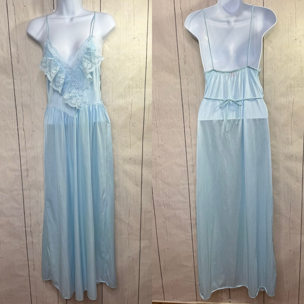 Vintage Avian Baby Blue Nylon Lace Nightgown Slip Dress Y2K Fairycore Romantic